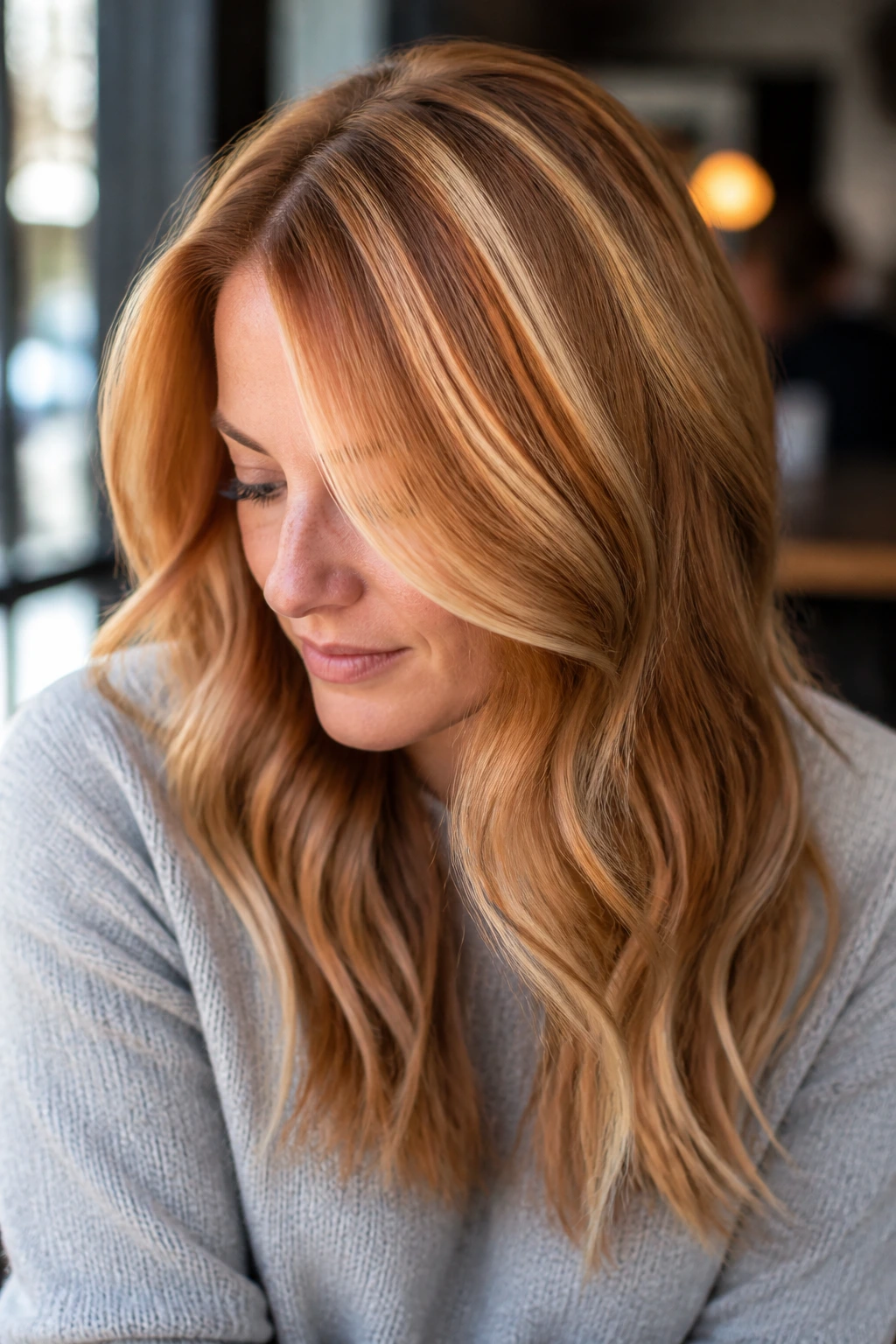 Close-up portrait of a real woman with warm strawberry blonde chunky highlights.