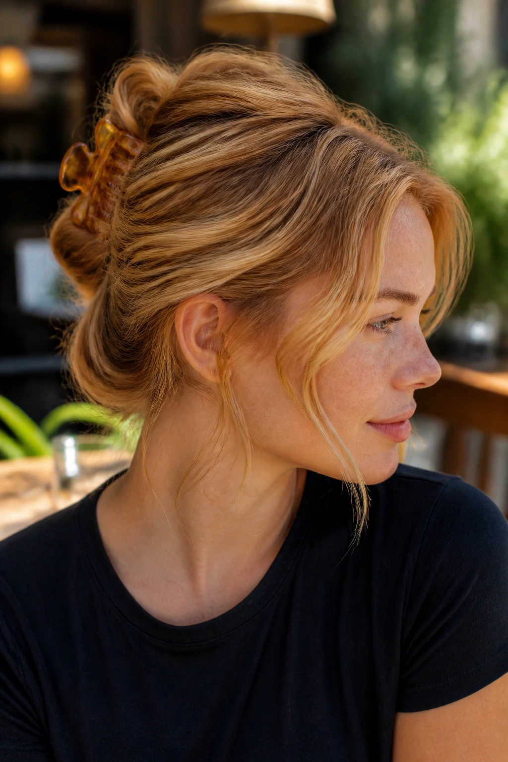 Real person with claw-clip twist and soft tendrils in strawberry blonde
