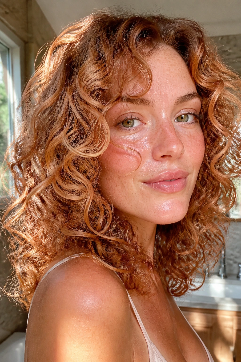 Close-up of coppery curls with strawberry blonde babylights catching light