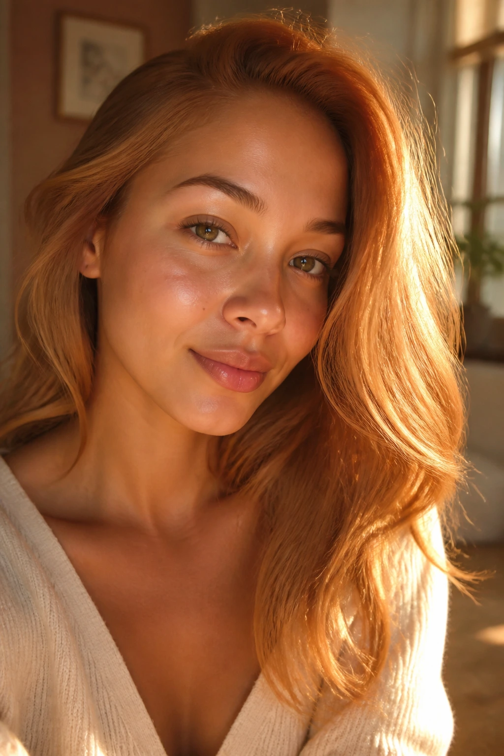 Close-up portrait of a real woman with strawberry blonde hair in warm golden light