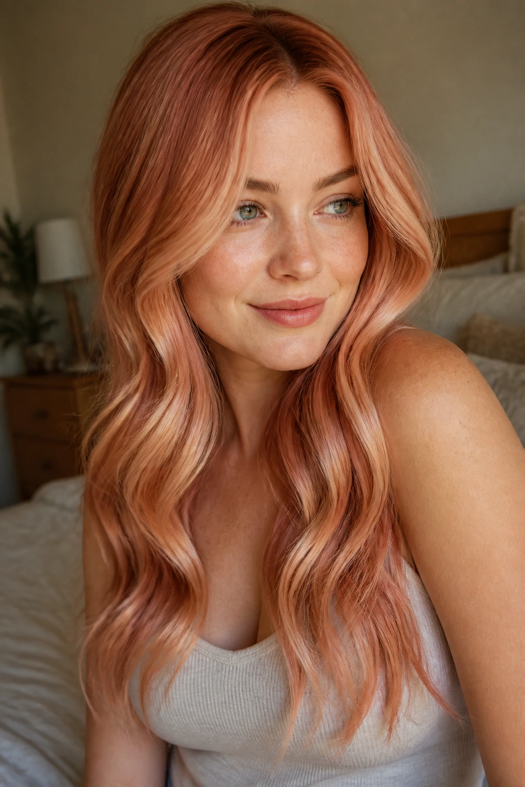 Close-up portrait of a real woman with strawberry blonde hair showing copper-root melt and rose-gold gloss in warm light