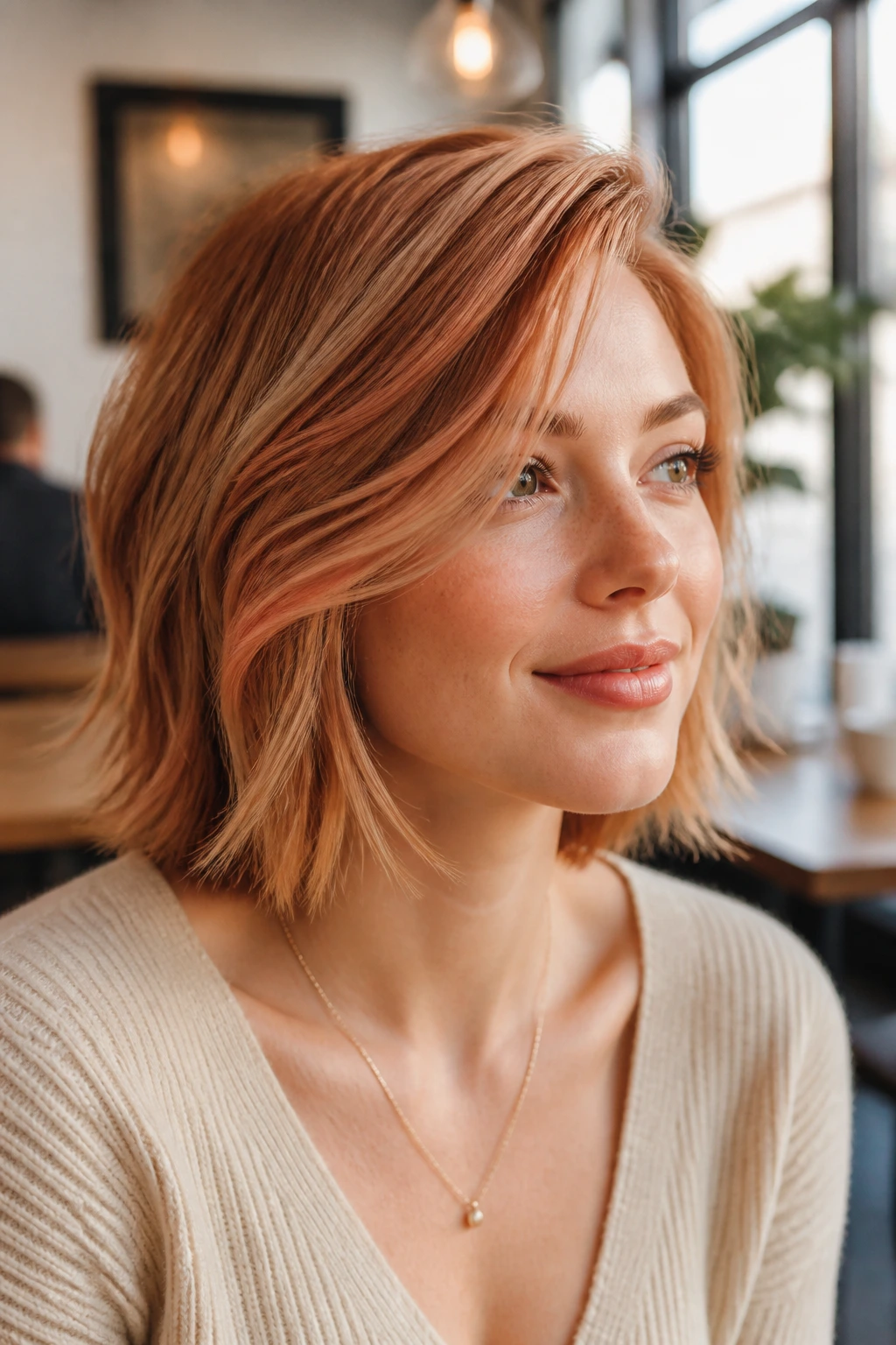 Close-up of a real woman with strawberry blonde bob and copper veil highlights