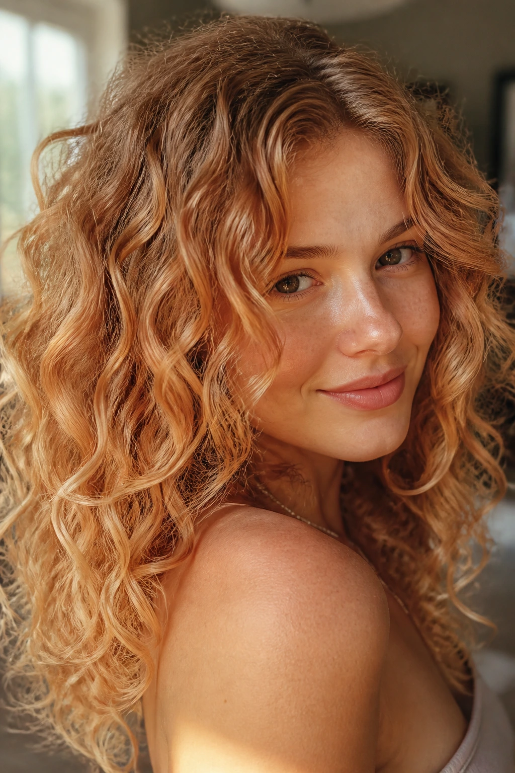 Close-up portrait of a real woman with strawberry blonde soft fade on curls