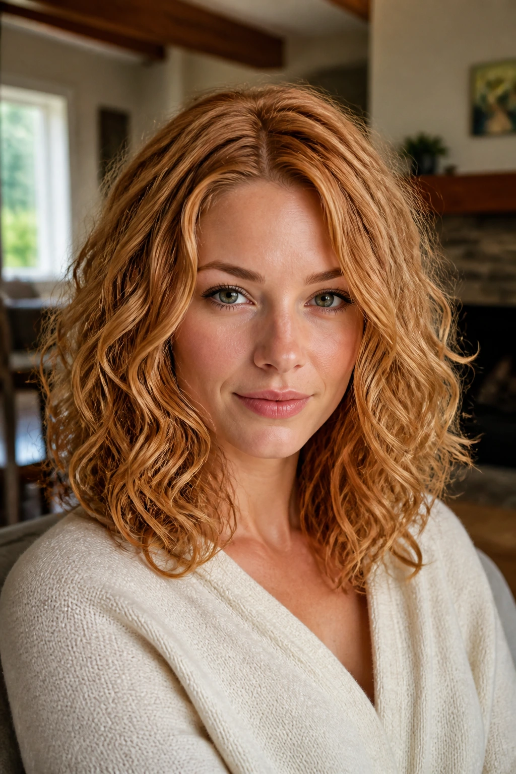 Real person with shoulder-length strawberry blonde curls showing warm dimension