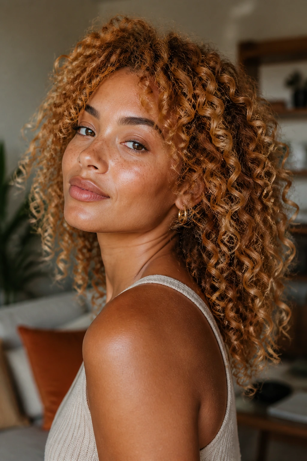 Close-up of curly strawberry blonde hair on a real person, showing variation for hair types.