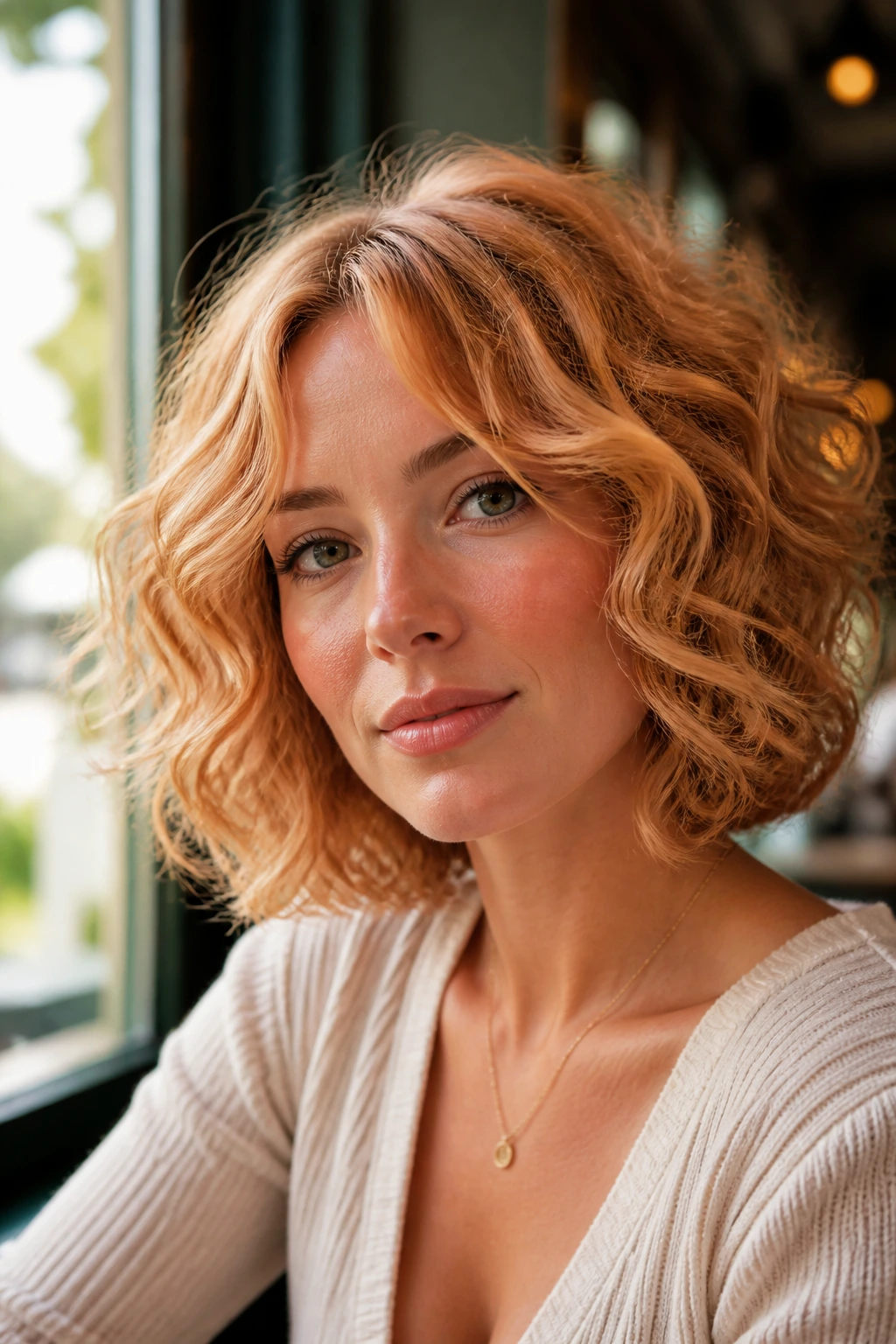 Real woman with strawberry-blonde curly bob and curtain bangs