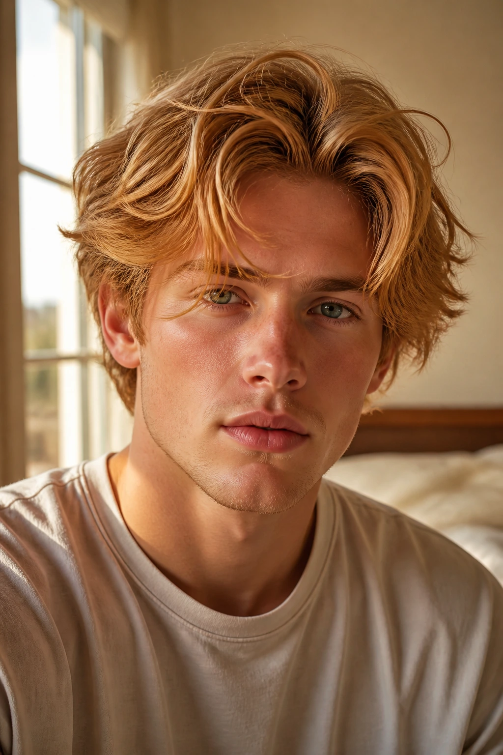 Close-up portrait of a real person with dimensional strawberry blonde hair and warm cheekbone highlights