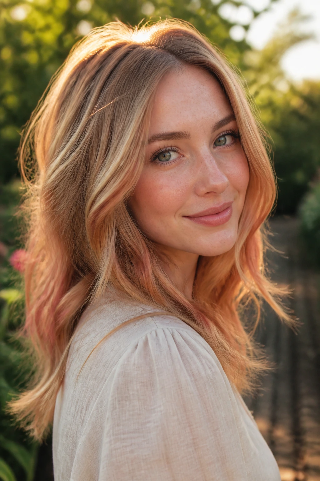 Close-up of real woman with strawberry blonde dusting in natural sunlight