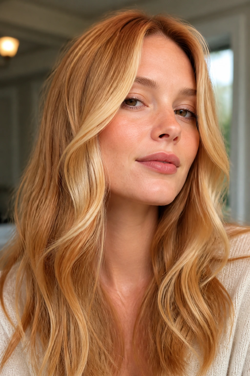 Close-up of real woman's hair with strawberry blonde buttery face frame