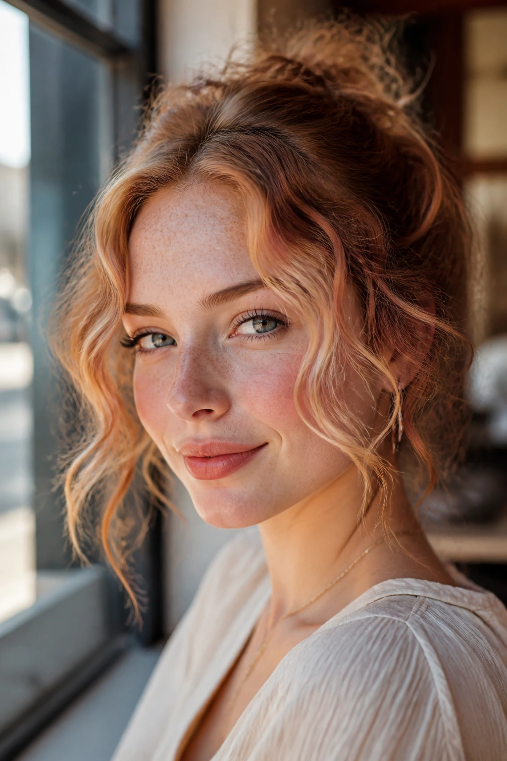 Close-up portrait of a real woman with pale skin and rosy strawberry-blonde face frame