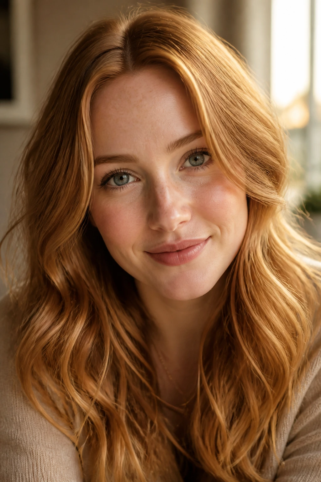 Close-up portrait of a real woman with strawberry blonde hair and fair skin in natural window light