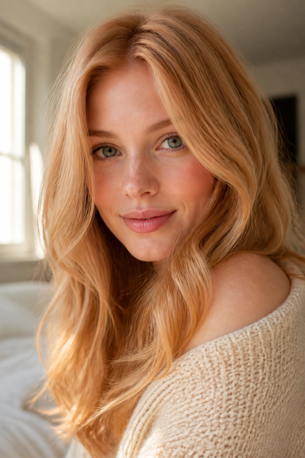 Close-up of a real woman with light strawberry blonde hair and subtle dimension