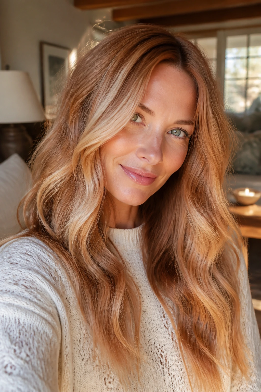 Close-up of a real woman with strawberry blonde foilyage on warm skin tones.