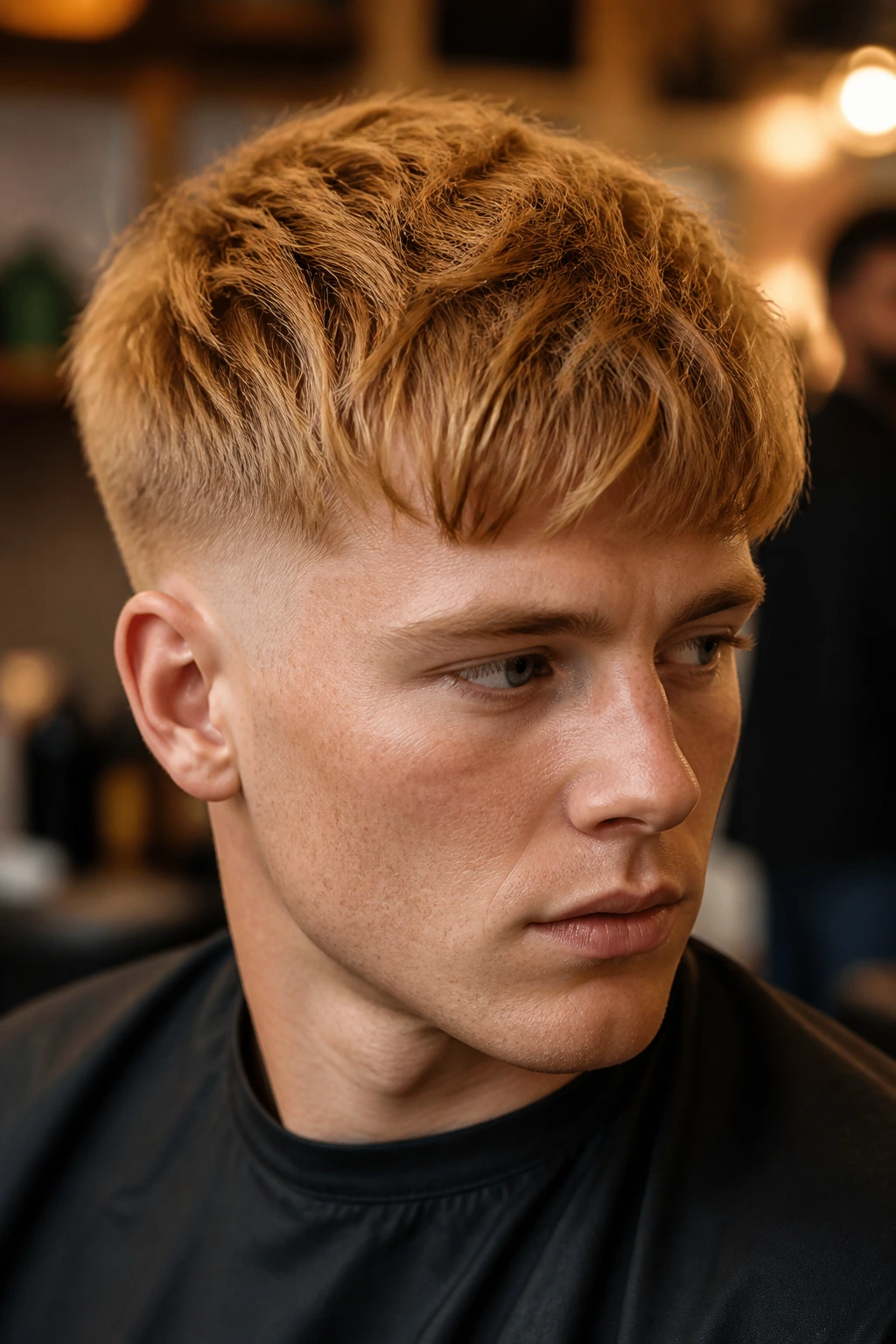 Close-up portrait of a real man with a strawberry blonde French crop and choppy fringe