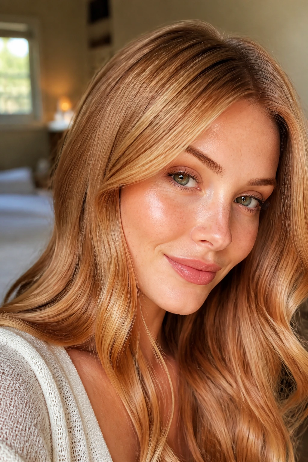 Close-up of a real woman's strawberry blonde hair with glossy peach tones and subtle root depth