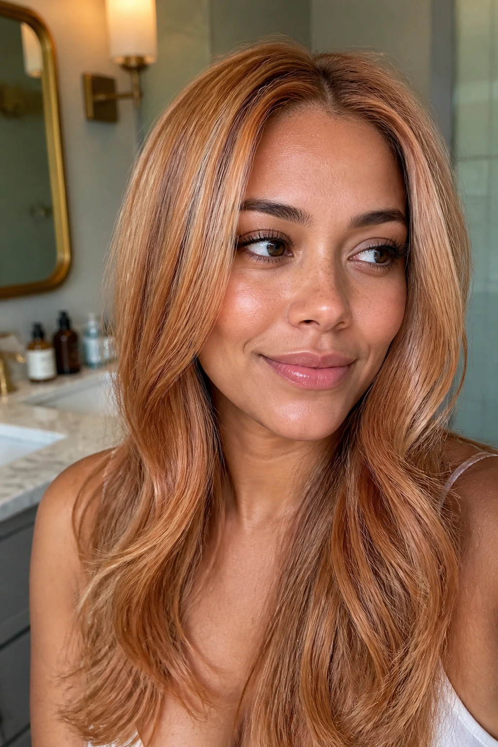 Close-up of a real woman's strawberry blonde hair with gloss and subtle root shadow in warm bathroom light
