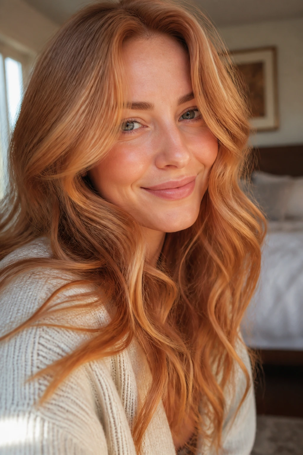 Close-up portrait of a real woman with warm strawberry blonde hair and apricot-gold-copper tones in window light