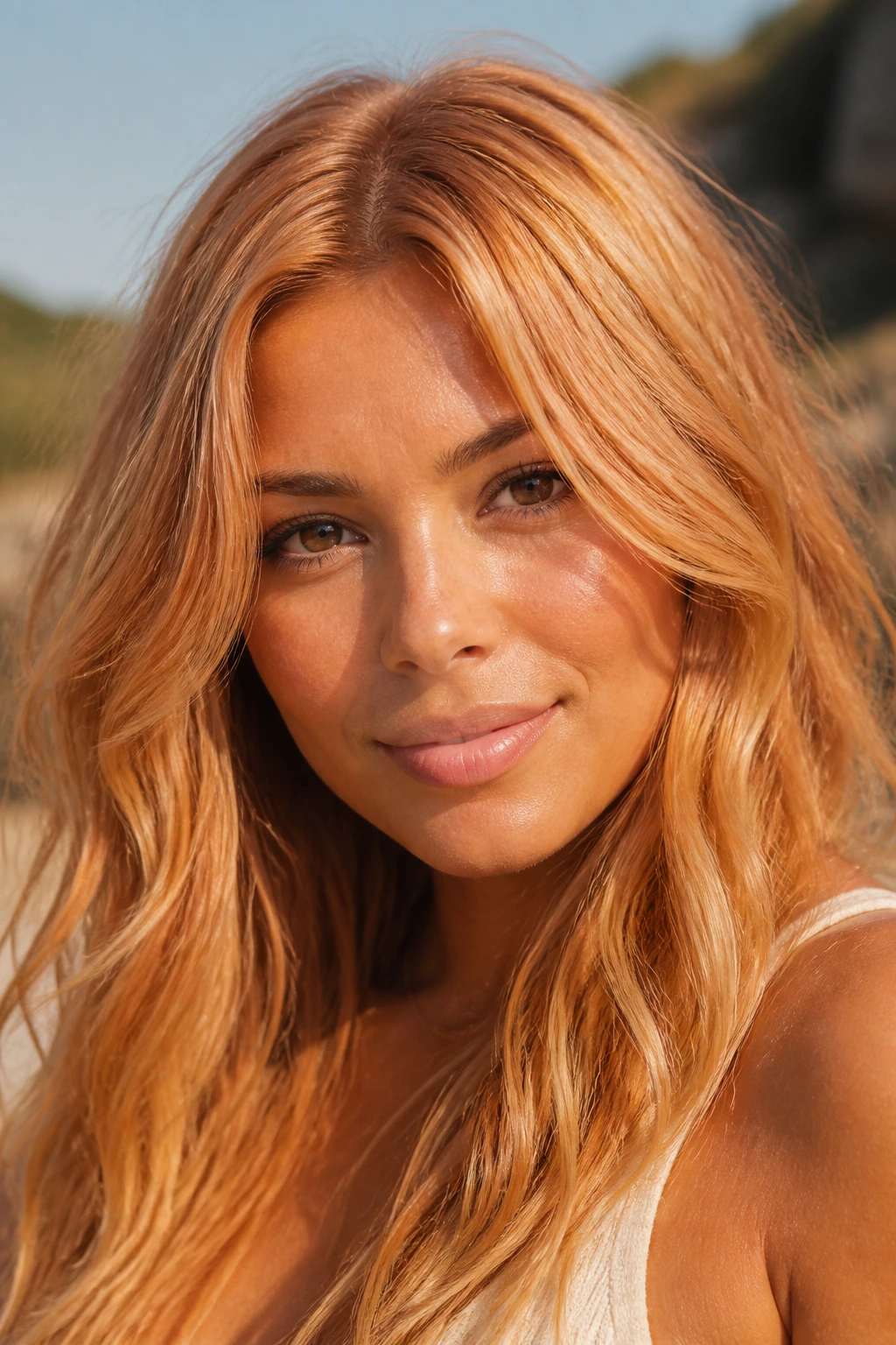 Portrait of a real woman with strawberry blonde hair outdoors in sun