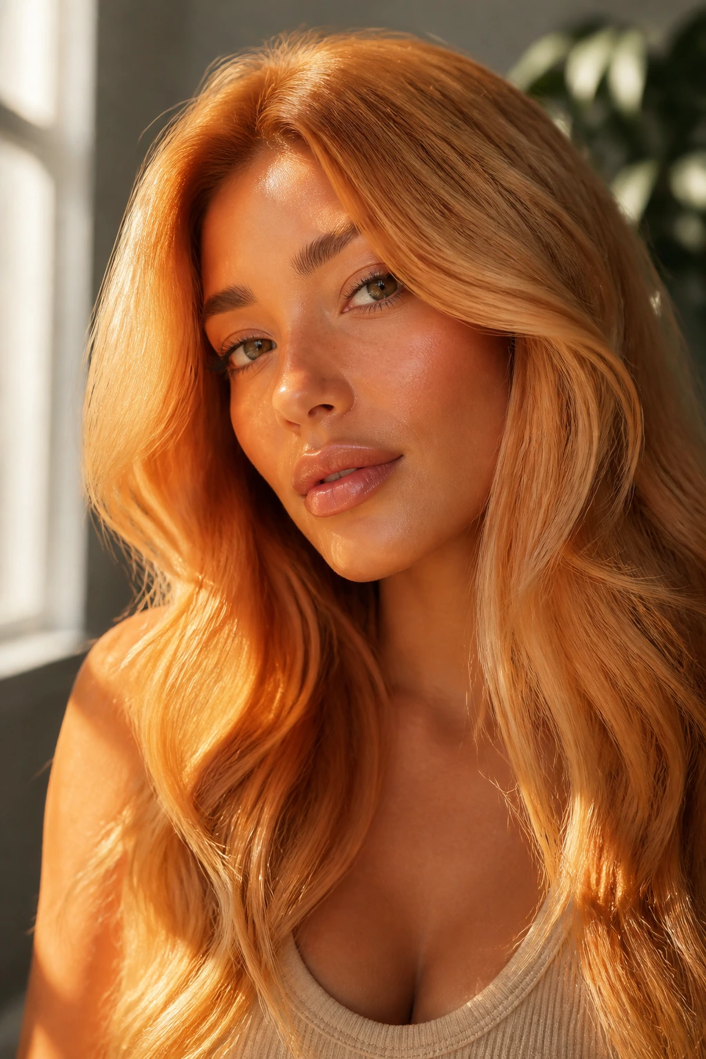 Close-up of real woman with bright strawberry blonde hair styled in soft waves.
