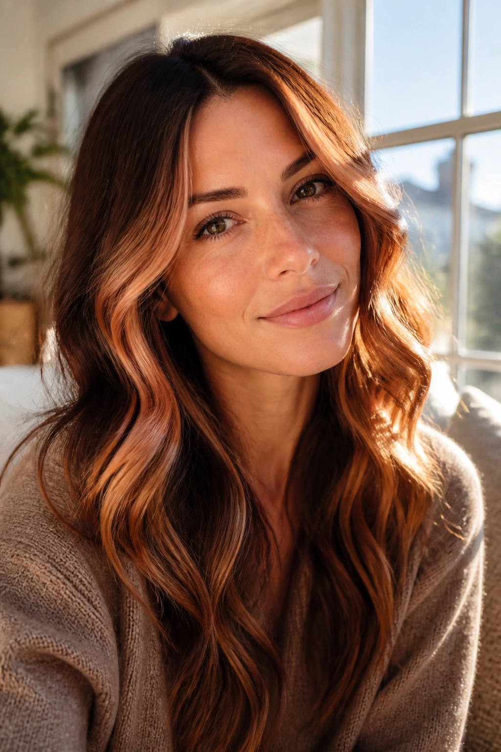 Brunette with face-framing lighter ribbons in soft waves.