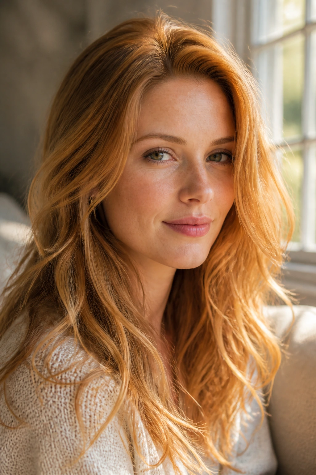 Close-up portrait of a real woman with strawberry blonde hair in natural window light.