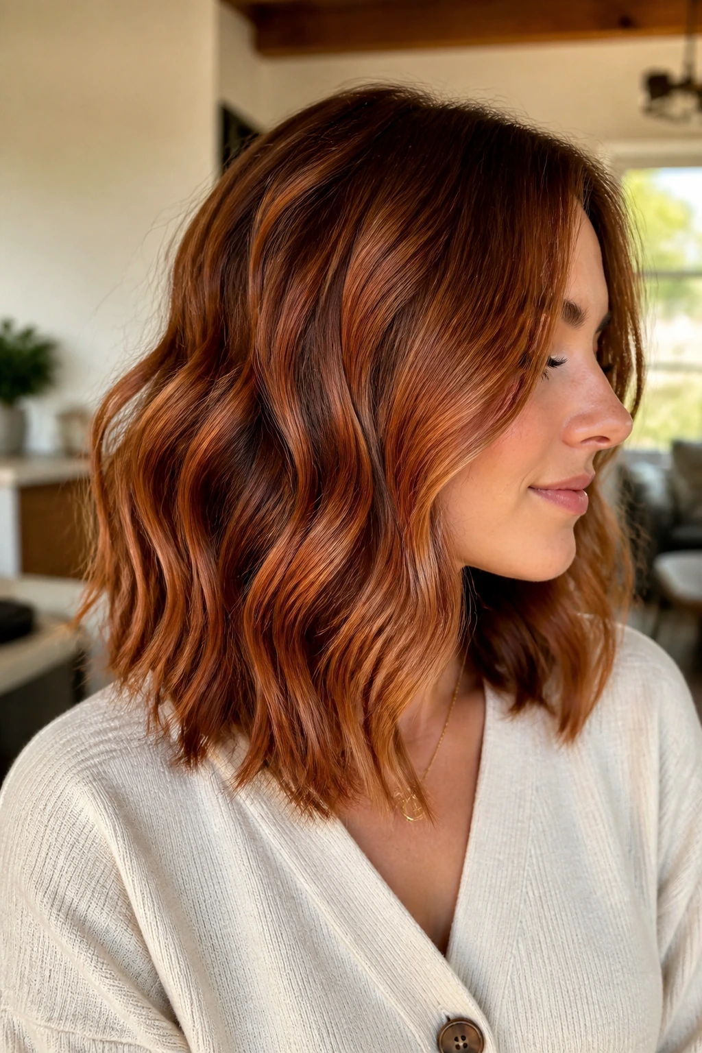 Shoulder-length brunette with strawberry blonde color in warm indoor light.