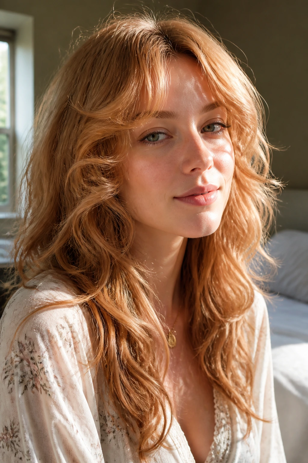 Close-up portrait of a real woman with strawberry blonde long shag and face curls in a sunlit room.