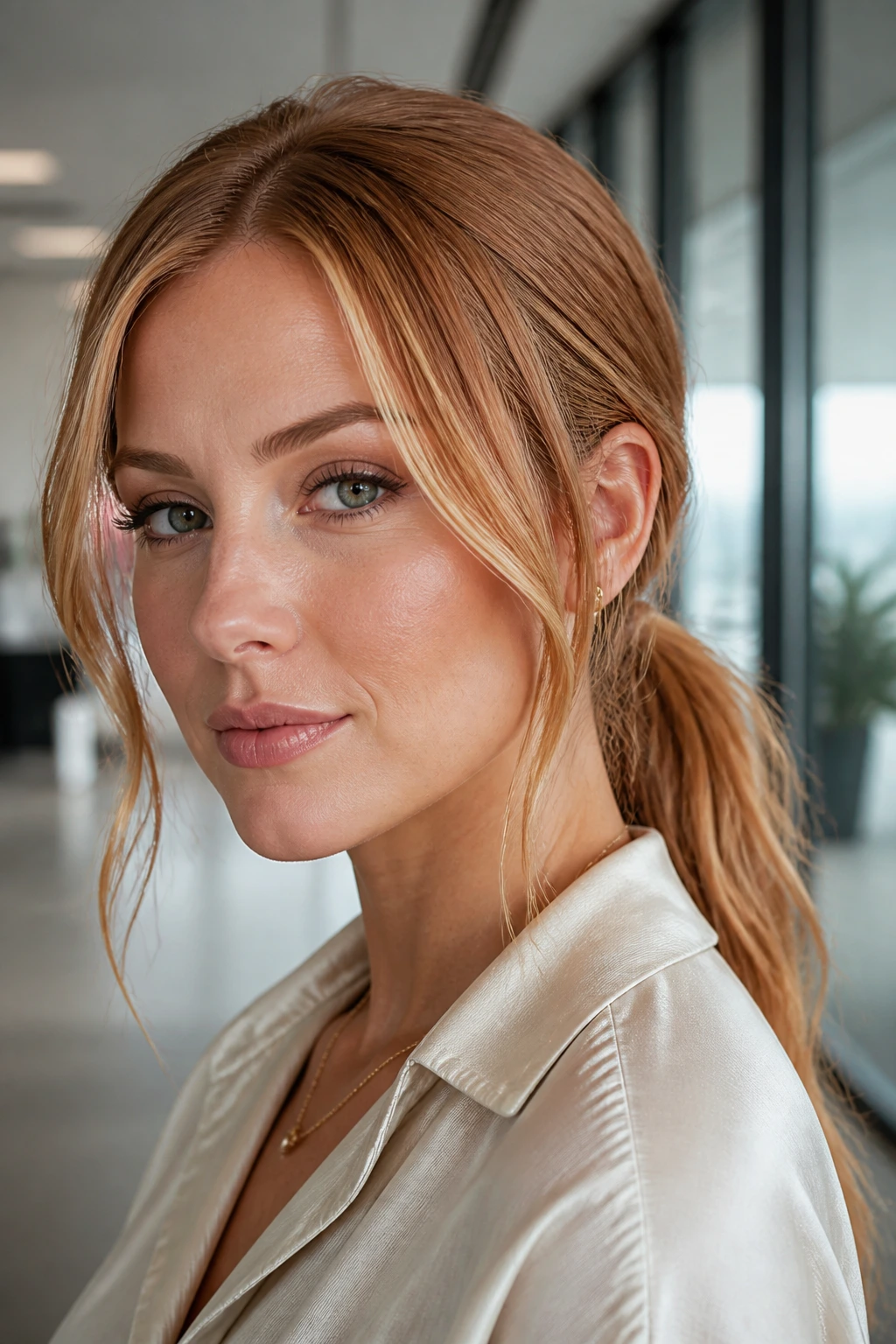 Real woman with a low ponytail and strawberry blonde face-frame strands
