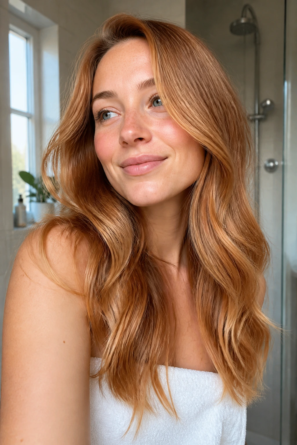Portrait of a real woman with glossy strawberry blonde hair in a bright bathroom