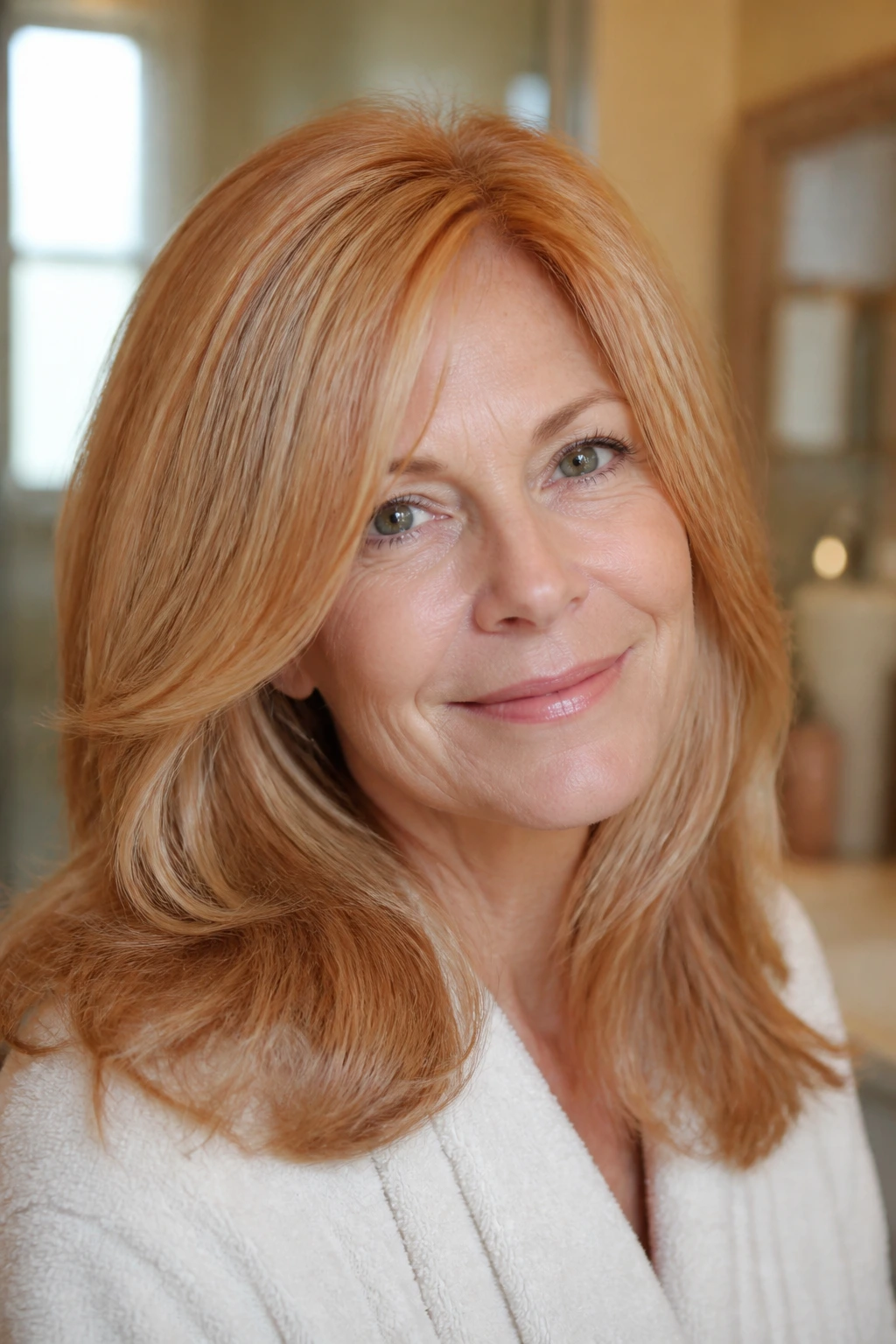 Close-up portrait of a real woman with shiny strawberry blonde hair in a warm, softly lit room.
