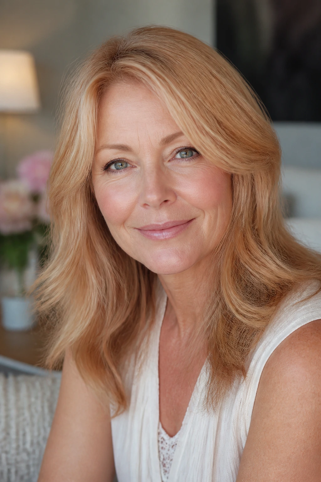Portrait of a woman with strawberry blonde hair flattering mature skin