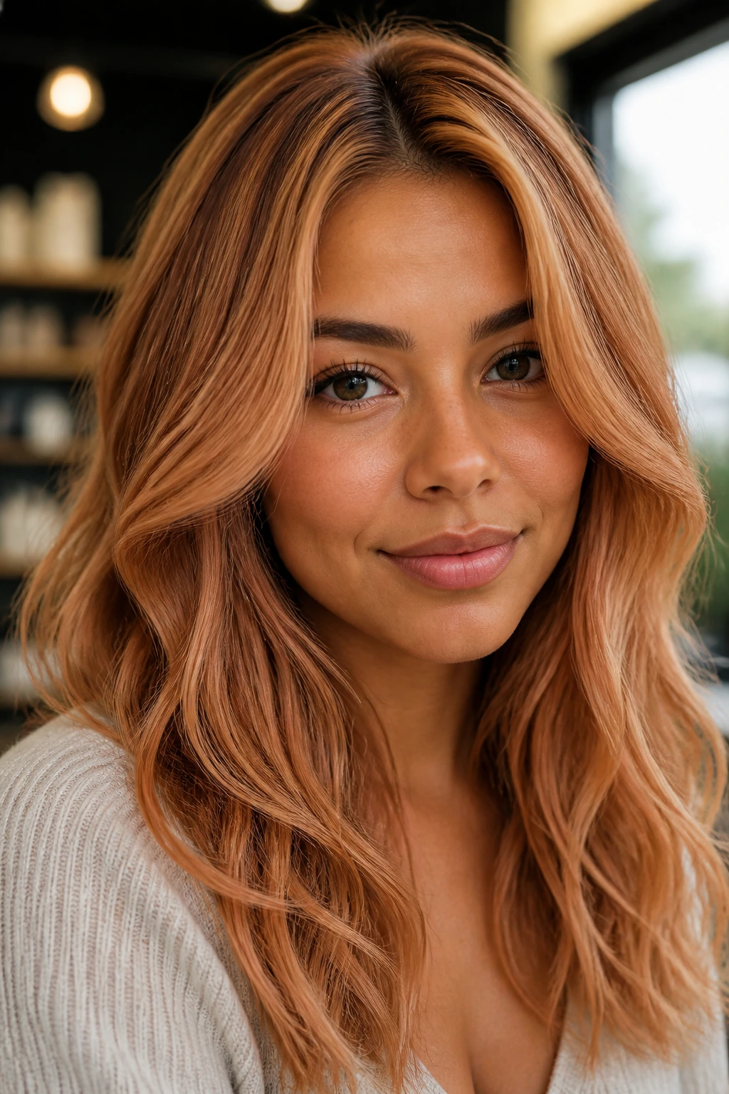 Close-up portrait of a real woman with medium skin showing strawberry blonde shades and warm highlights