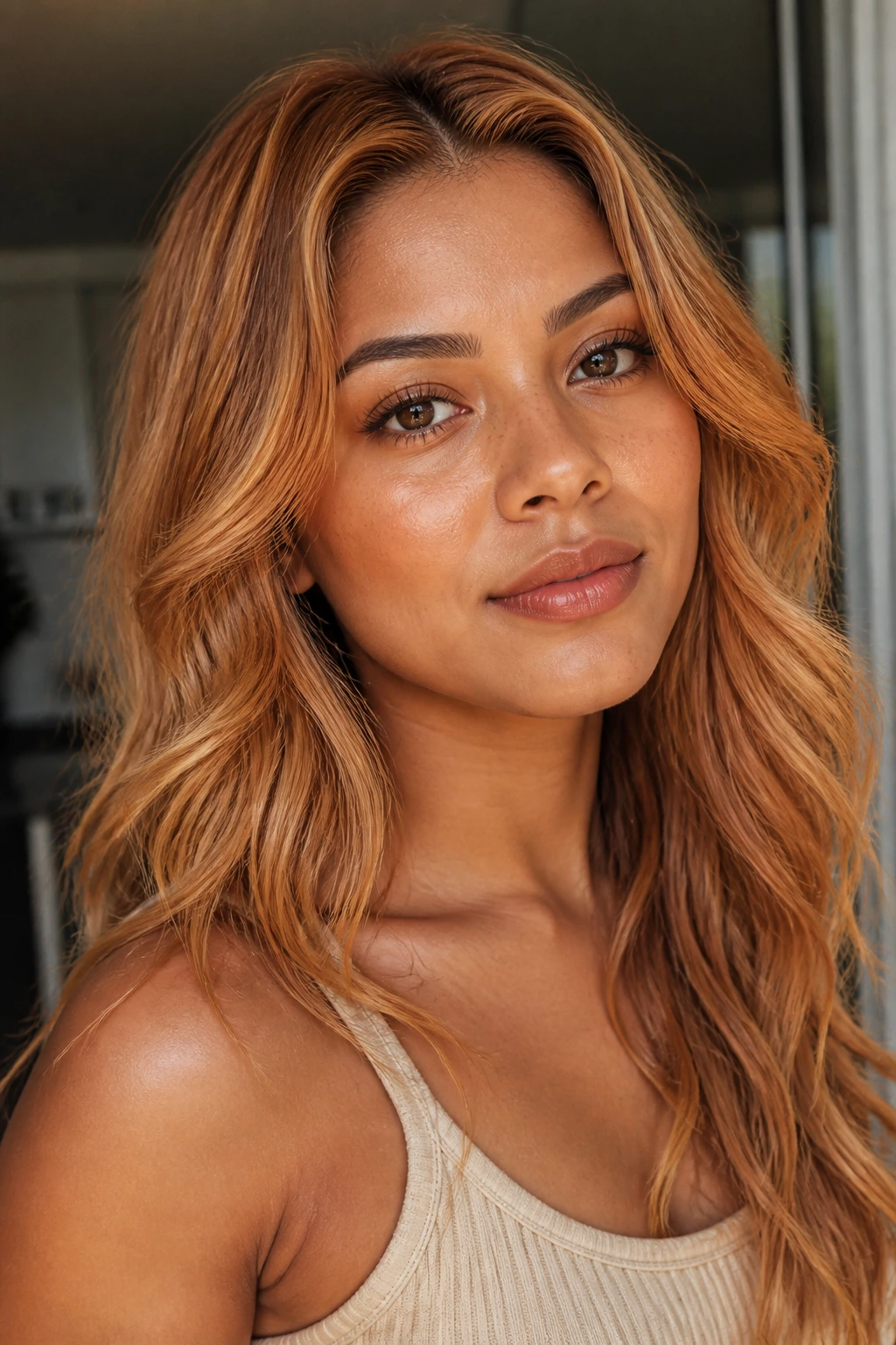 Portrait of a real woman with strawberry blonde hair on medium skin tone