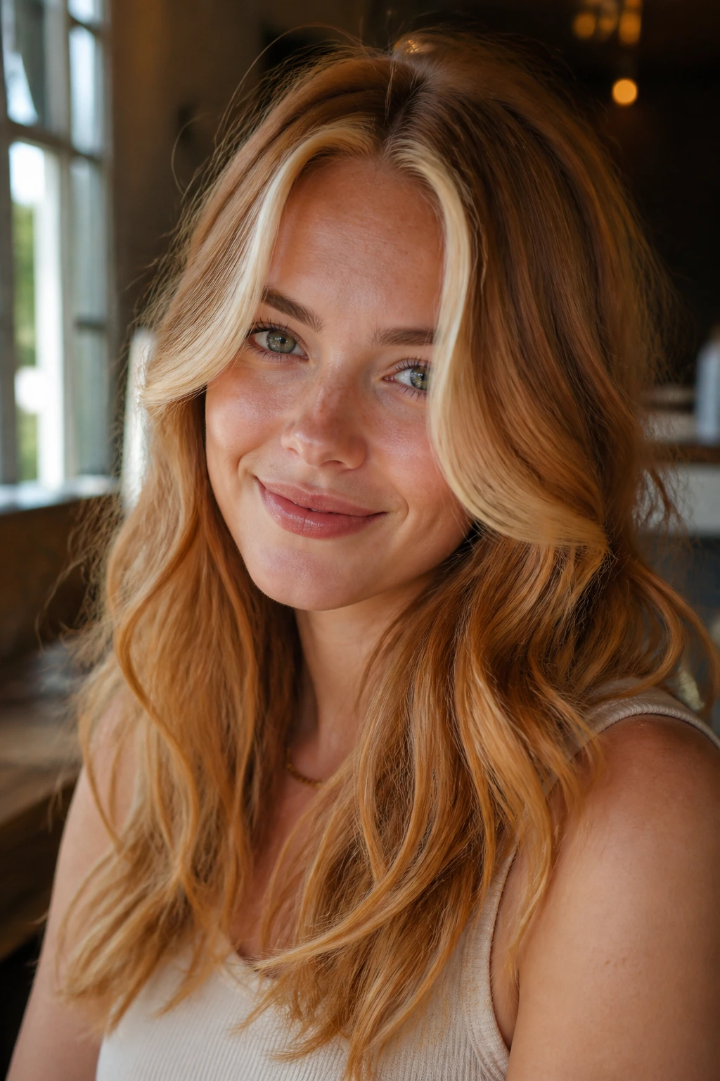 Close-up of a woman with a bright money piece around the face in strawberry blonde.