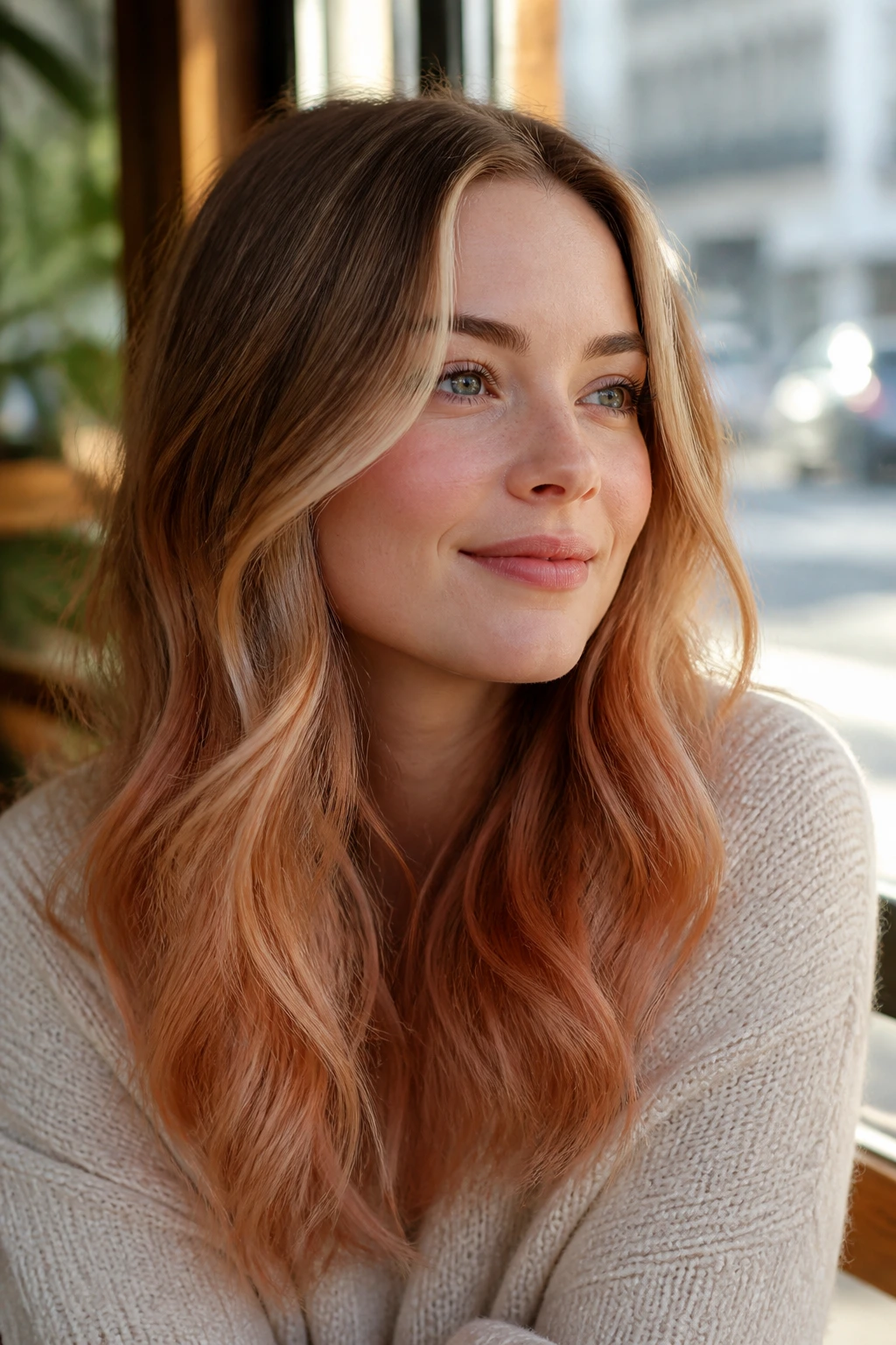 Close-up portrait of real woman with strawberry blonde ombré highlighting the ends