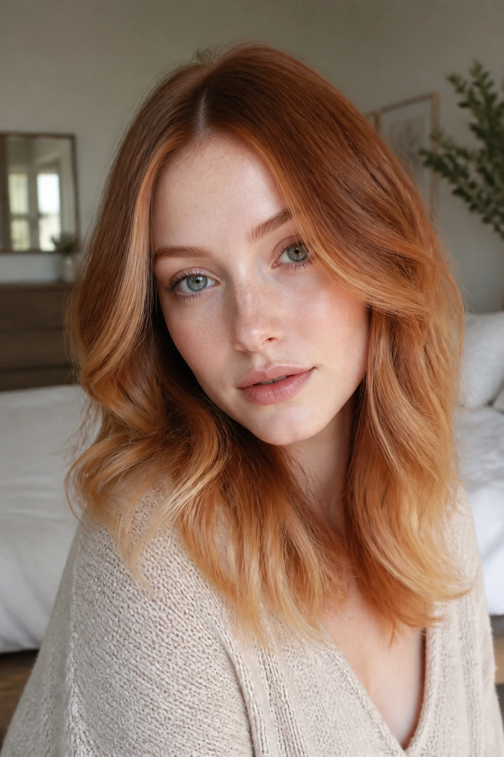Portrait of a real woman with strawberry blonde ombre flattering pale skin and thin hair
