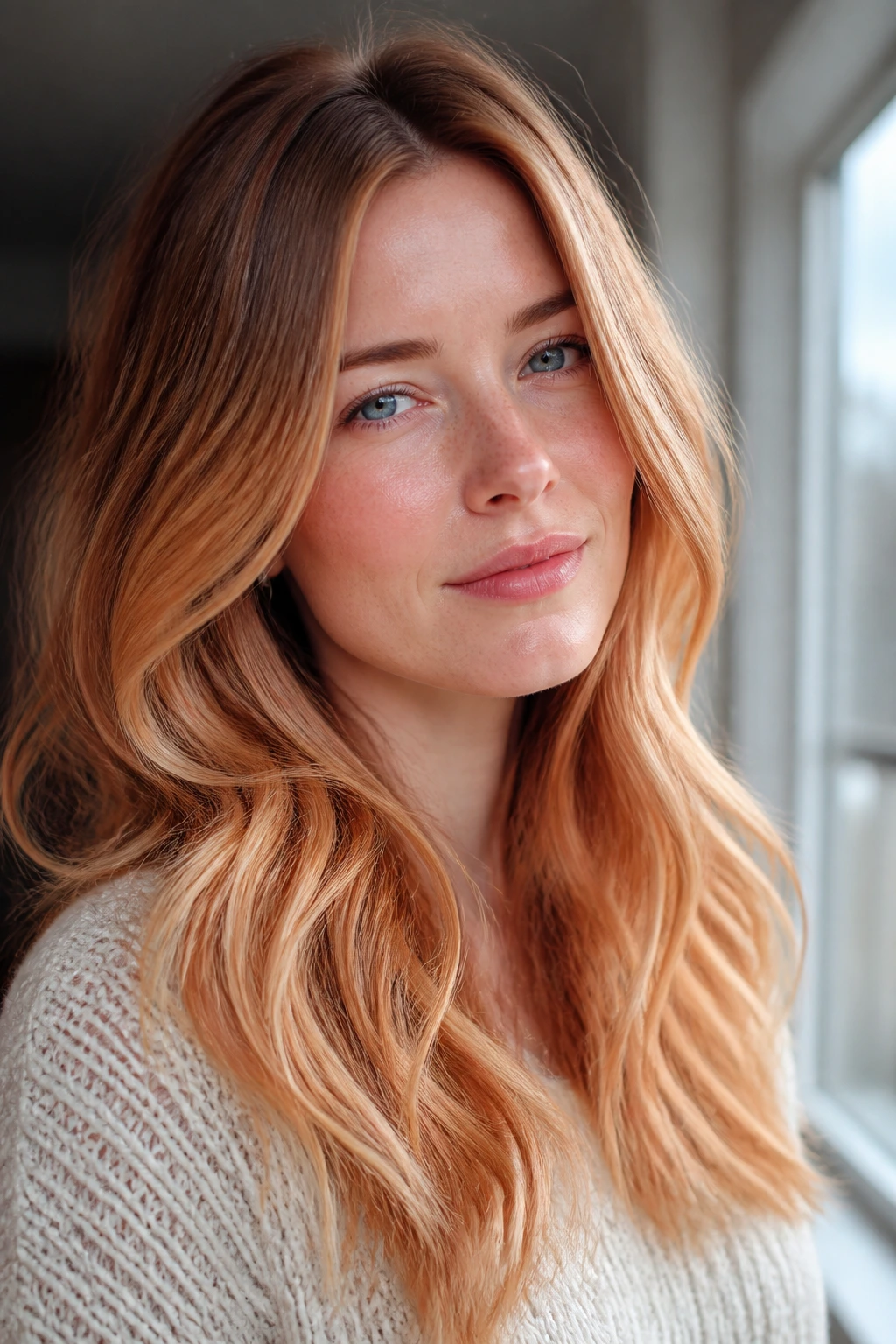 Close-up of a real woman with strawberry blonde ombre showing soft crown shadow and warm mid-length tones