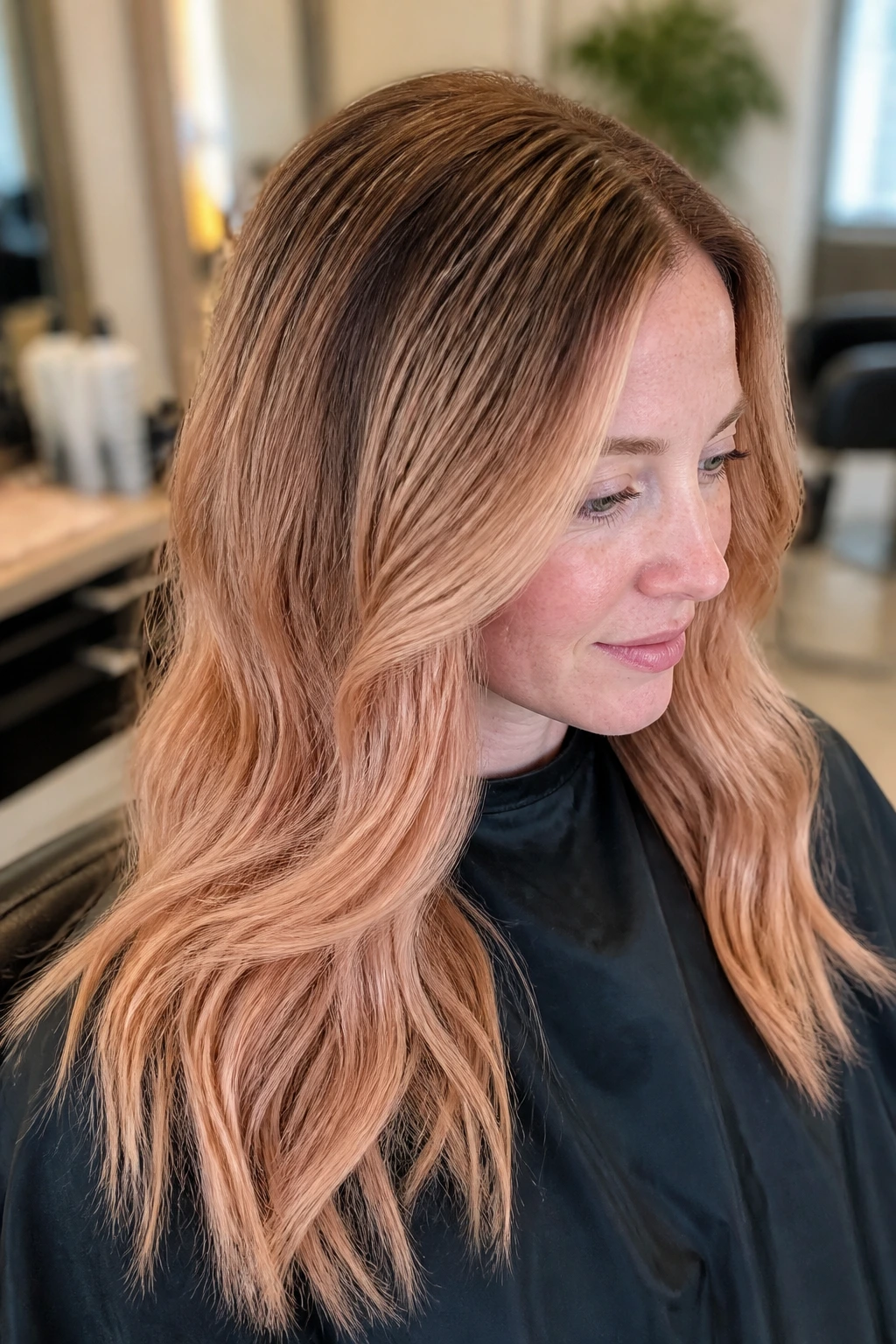 Portrait of a woman in a salon chair with root shadow and balayage strawberry blonde ombre