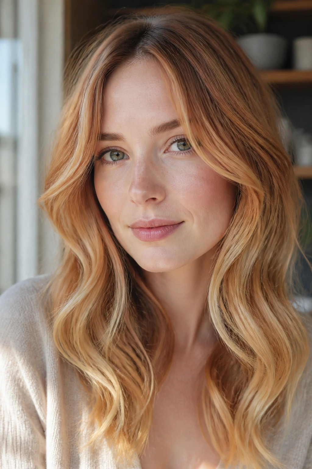 Portrait of a real woman wearing strawberry blonde ombre with loose waves