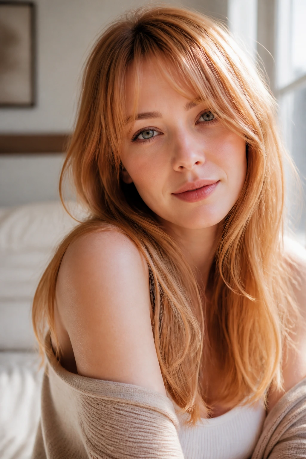 Close-up portrait of a real woman with pale skin and strawberry blonde hair by a sunlit window