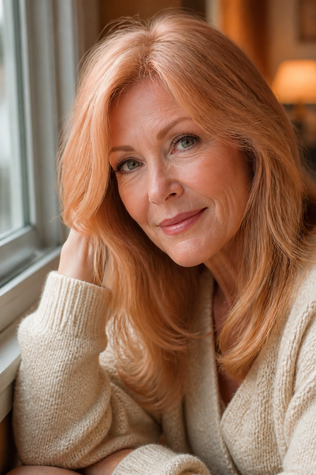 Close-up portrait of a woman with strawberry blonde hair and peach undertones in a cozy window-lit space
