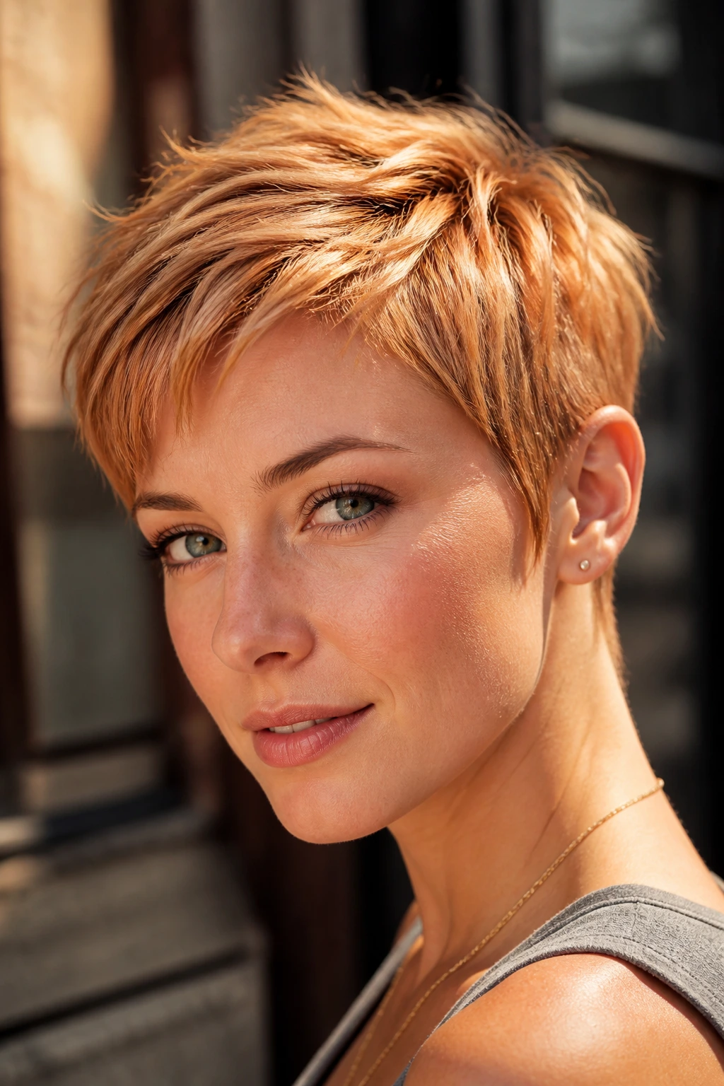 Real person with strawberry blonde pixie cut in close-up portrait