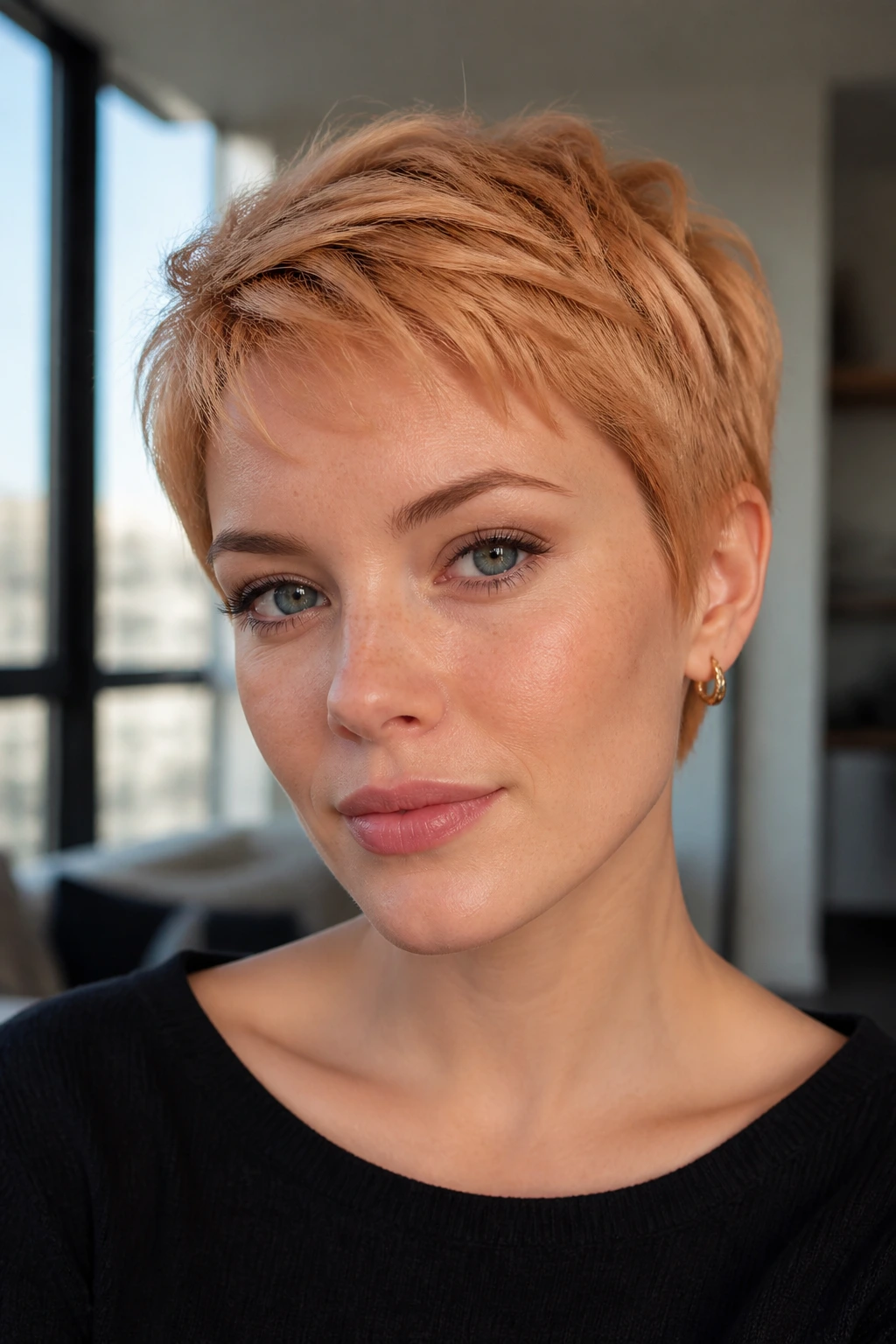 Close-up of a real woman with strawberry blonde pixie haircut