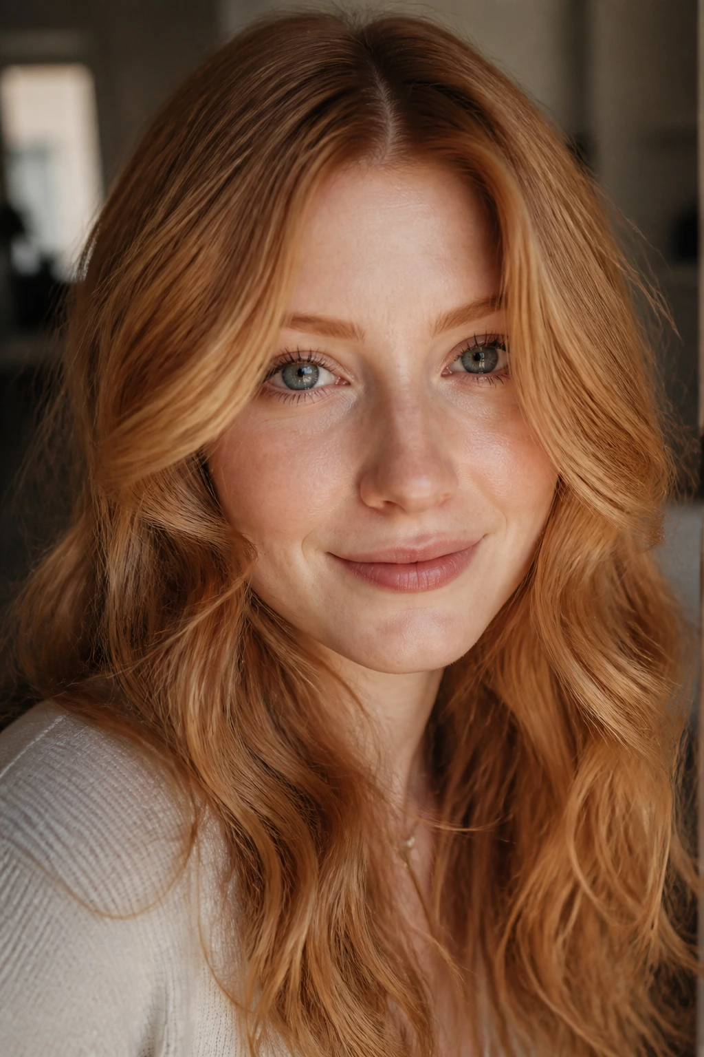 Portrait of strawberry blonde hair brightest at the cheeks with soft copper accents