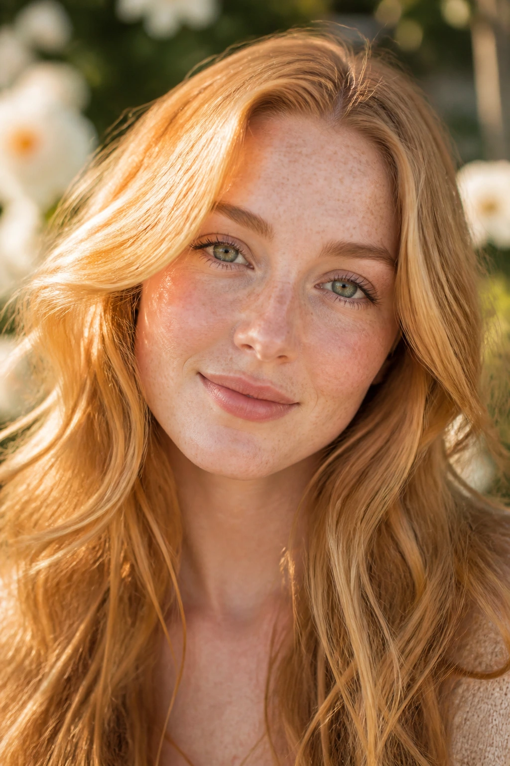 Close-up of a freckled pale face with strawberry blonde hair in sunlight