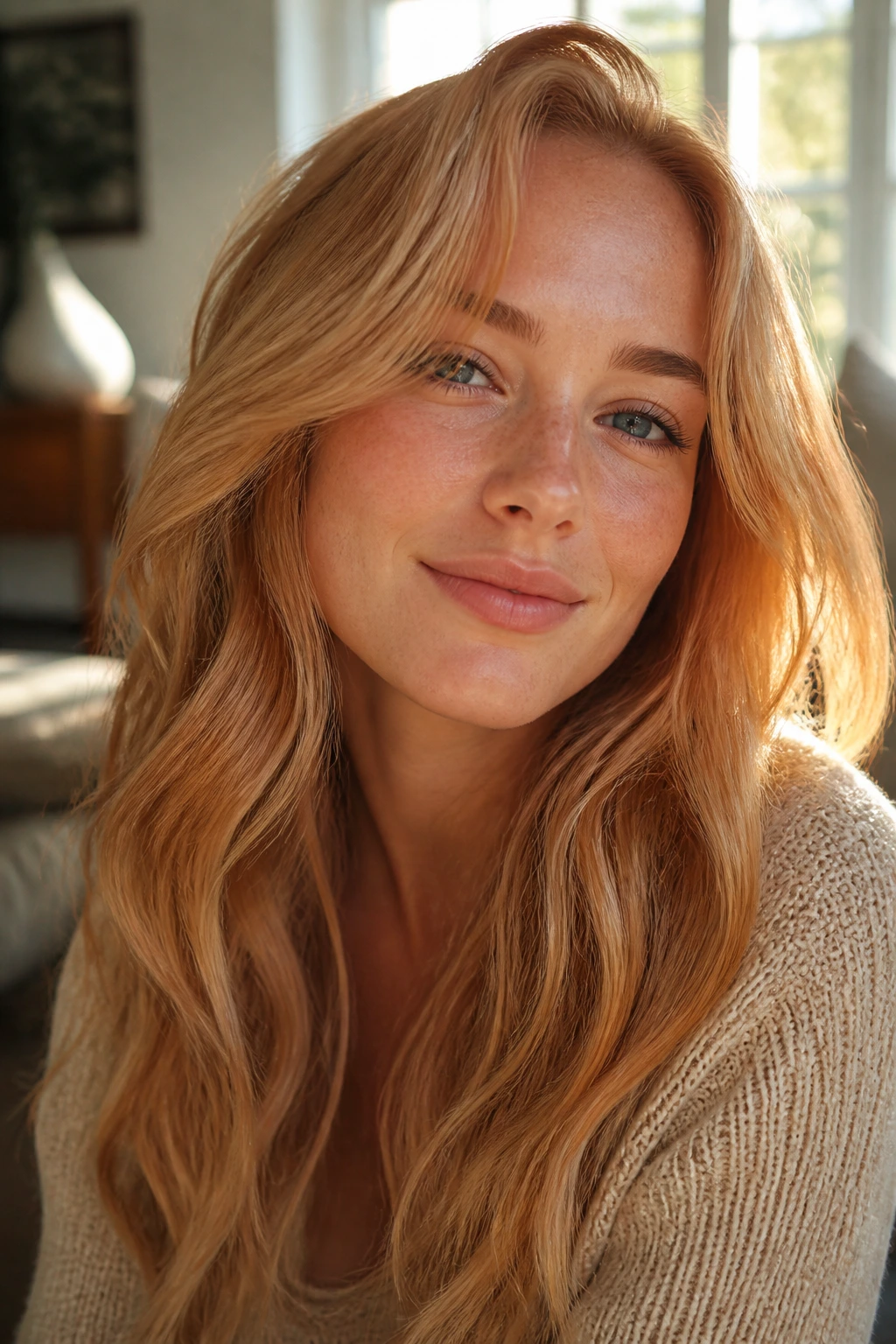 Close-up of a real woman with strawberry blonde hair in warm peach and honey tones under golden-hour light.