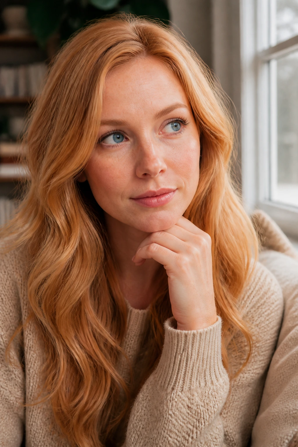 Close-up of a real woman with strawberry blonde hair and a thoughtful expression