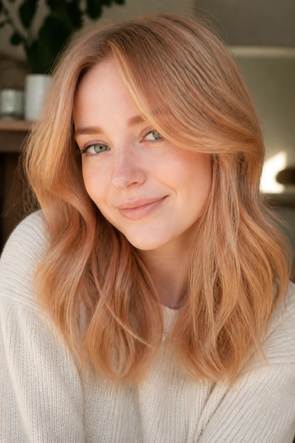 Close-up portrait of a real person with light strawberry blonde hair in warm window light