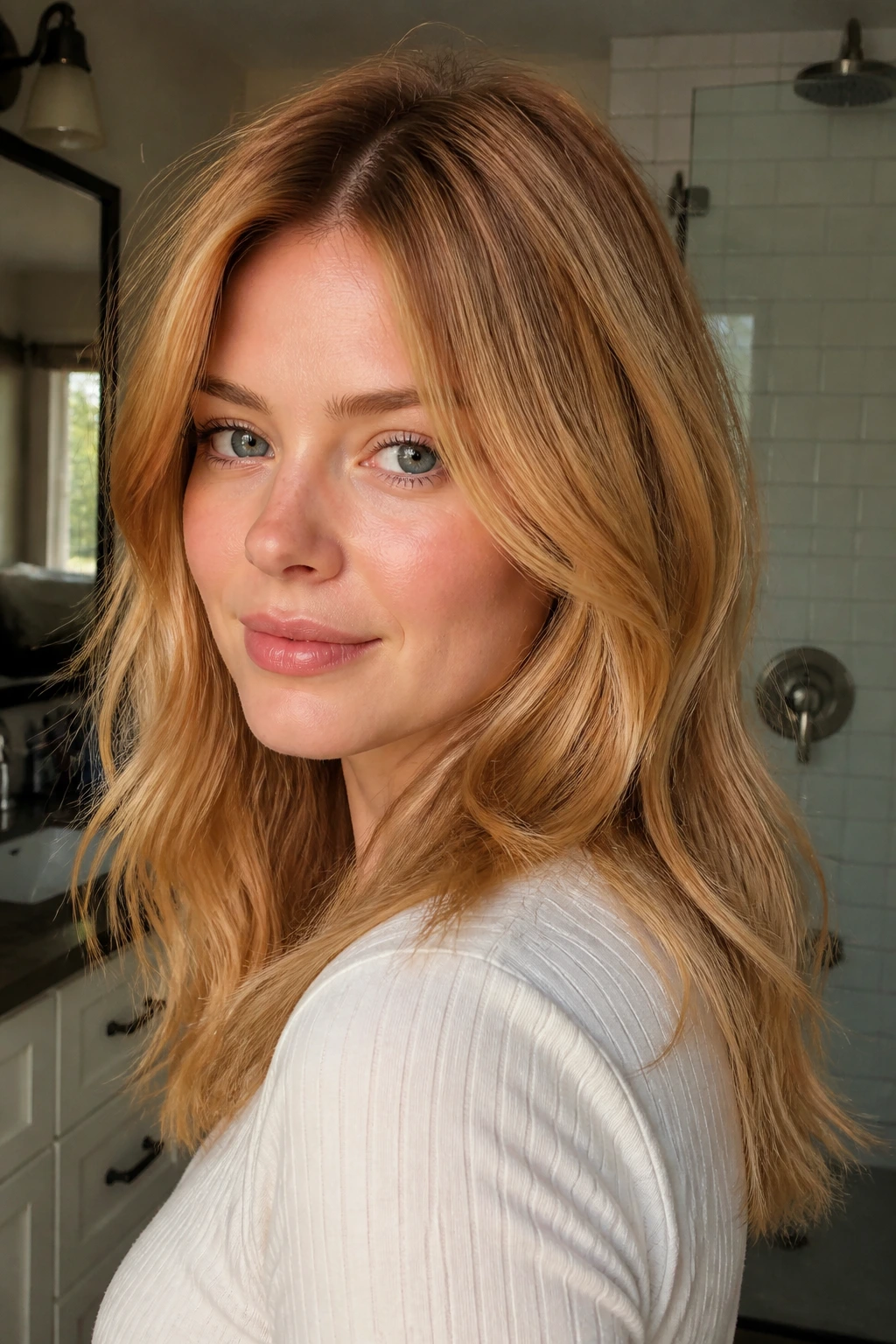 Close-up portrait showing root shadow and fade in strawberry blonde hair