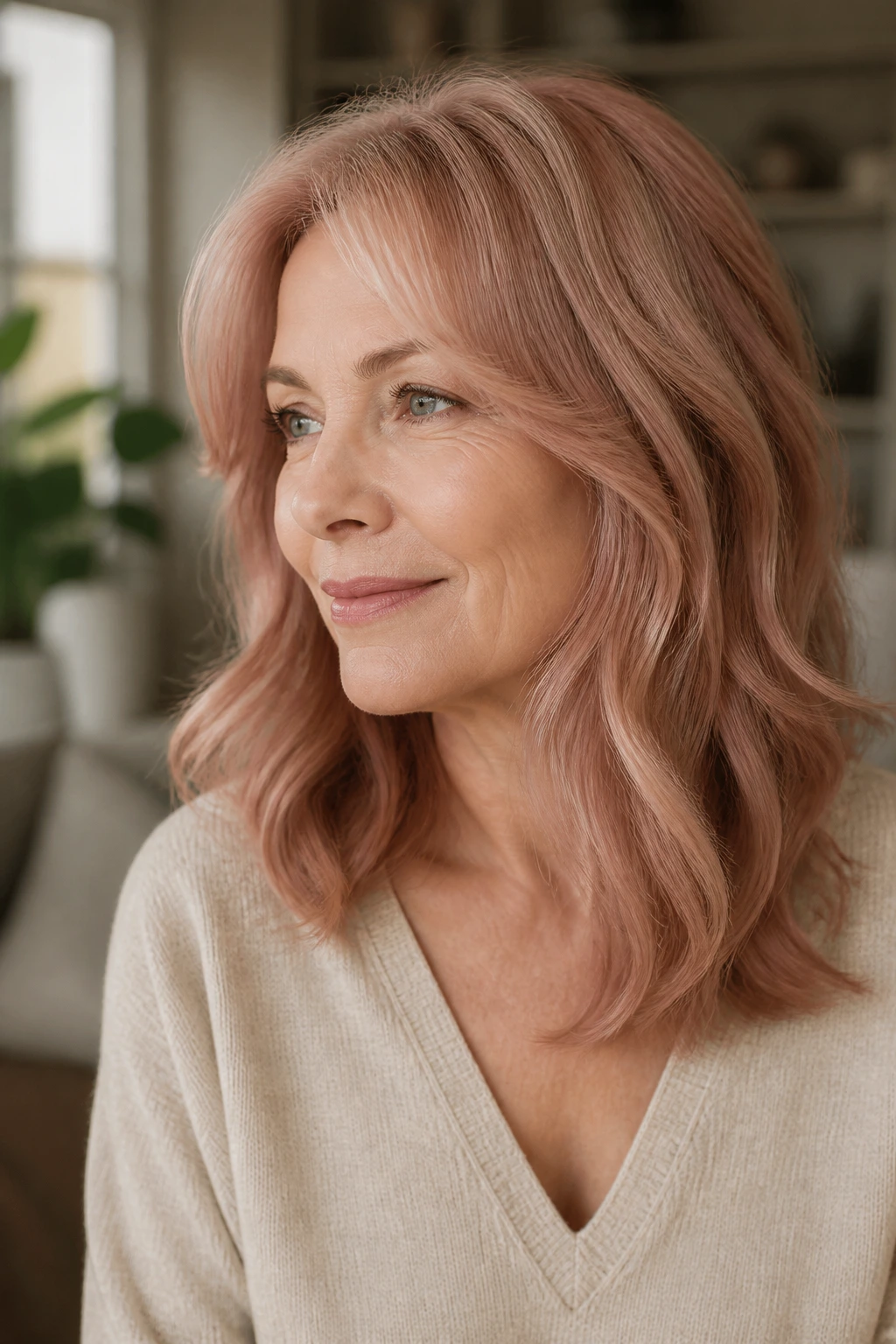Portrait of a real woman with rose-blend strawberry blonde hair in a soft indoor setting.